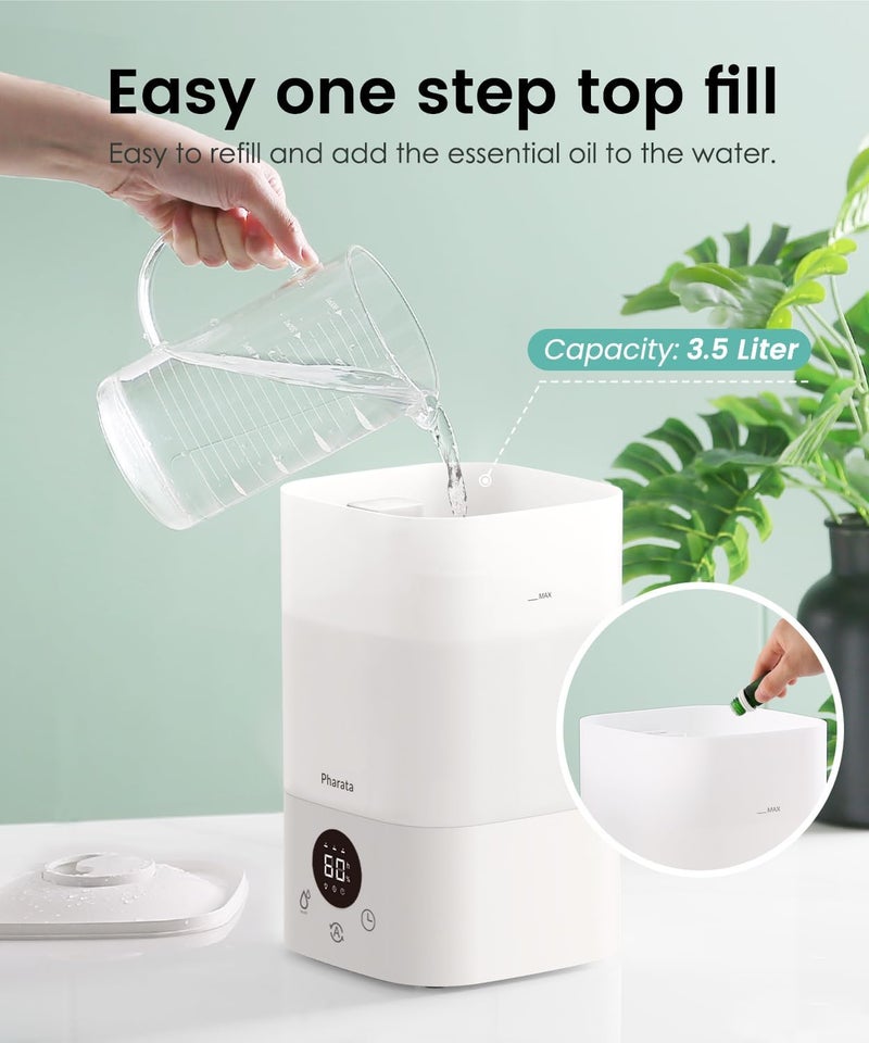 Pharata Smart Humidifiers for Bedroom Large Room, 3.5L Top Fill Cool Mist Air Humidifiers for Home Baby Plants Nursery, Humidity Control & Night Light, White - Image 2